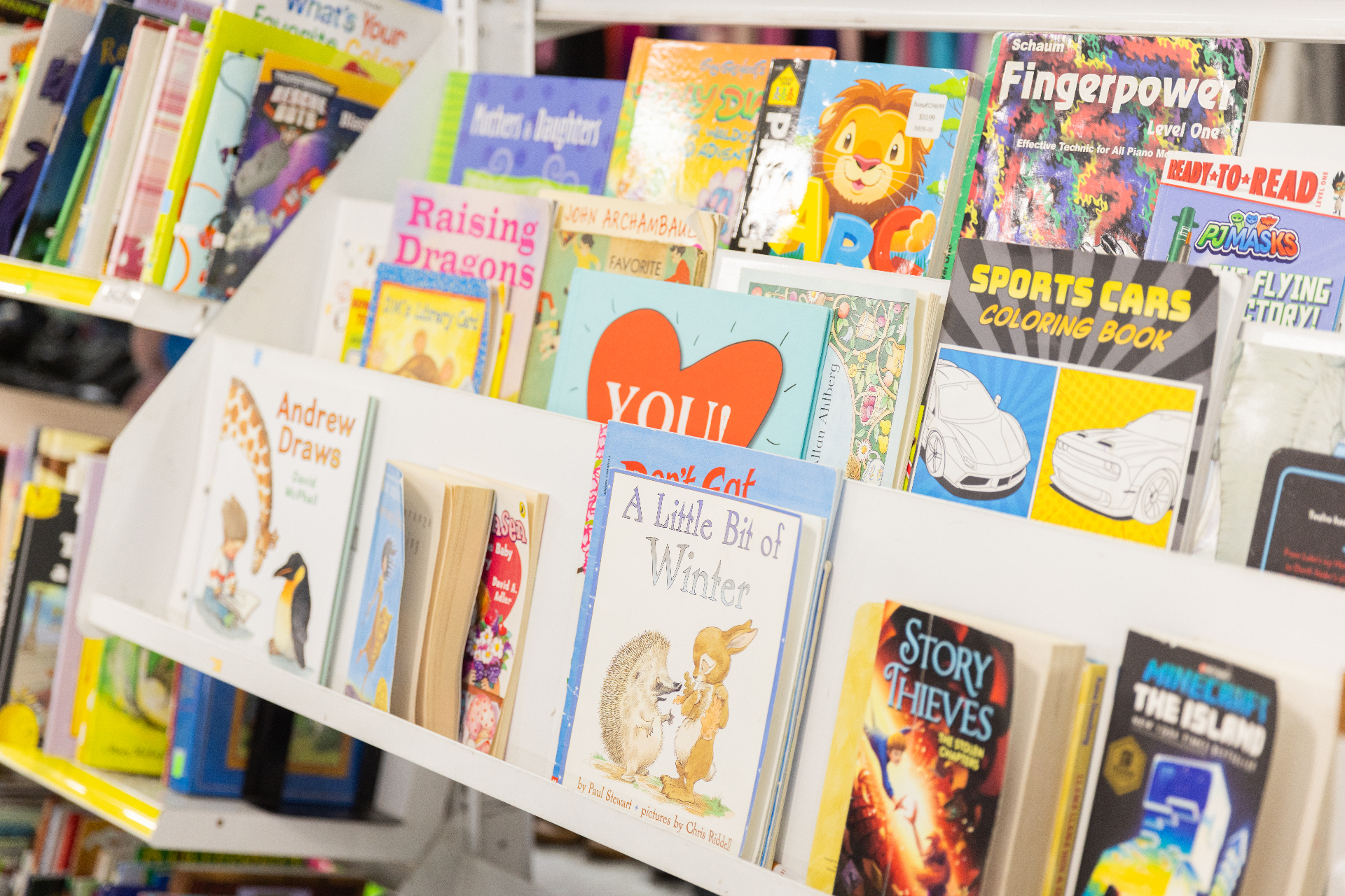 A children's book display at a City Thrift store with titles like A Little Bit of Winter and Raising Dragons